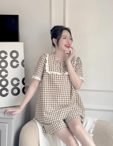 JM - Bộ bầu kẻ nâu ren trắng(M,L)