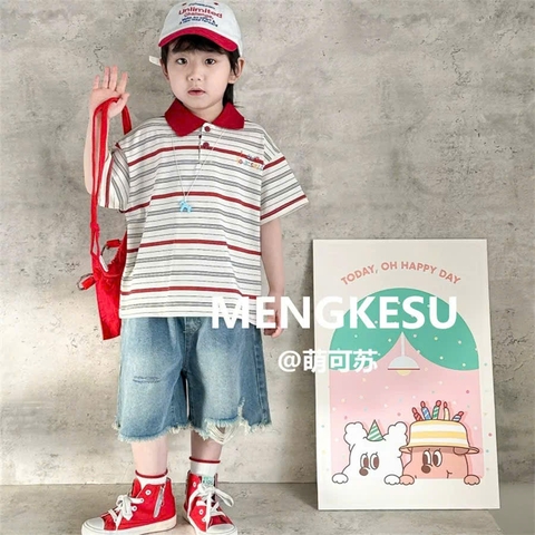 BK - Áo polo kẻ cổ đỏ thêu họa tiết (90-150)