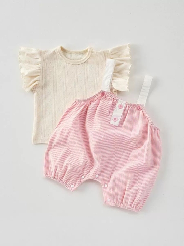 JS - Set yếm dây kẻ hồng+áo thun kem tay tiên(66-80)