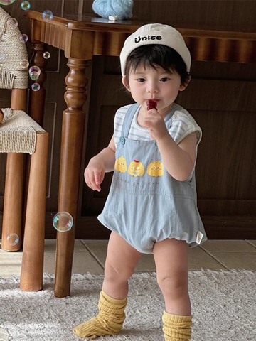 JS - Set yếm xanh 3 con gà+áo sát nách kẻ xanh(66-80)