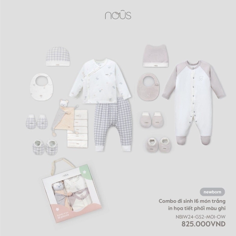 NOUS - Combo đi sinh 16 món trắng in hoạ tiết phối màu ghi NB