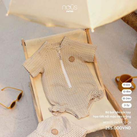 NOUS - Bộ bơi liền cộc tay hoạ tiết nổi nâu trắng(9M-2Y)