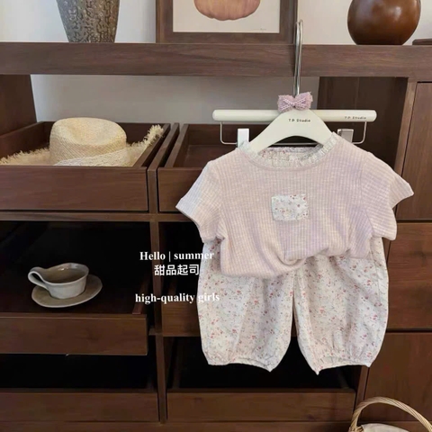 TL - Set áo cộc hồng mix quần thụng hoa nhí (80-130)