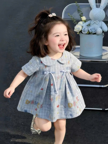 TL - Váy kẻ xanh cổ sen họa tiết (80-130)