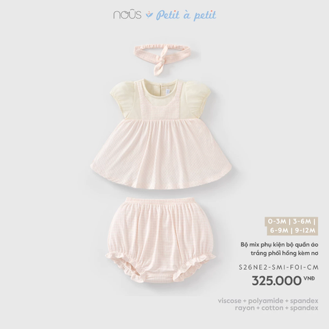 NOUS - Bộ mix phụ kiện bộ quần áo trắng phối hồng kèm nơ (0-6M)