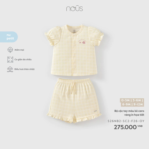 NOUS - Bộ cộc tay màu kẻ caro vàng in hoạ tiết (0-6M)