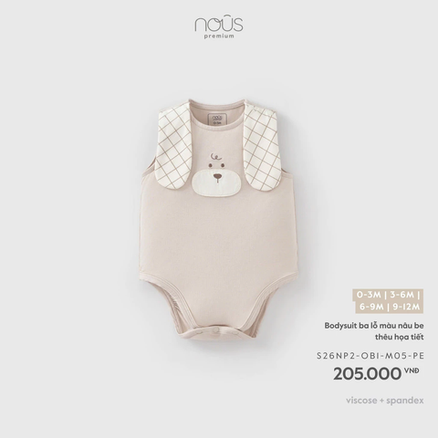 NOUS - Bodysuit ba lỗ màu nâu be thêu hoạ tiết ̣̣̣̣̣̣(0-9M)