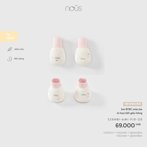 NOUS - Set BTBC màu be in họa tiết gấu hồng NB