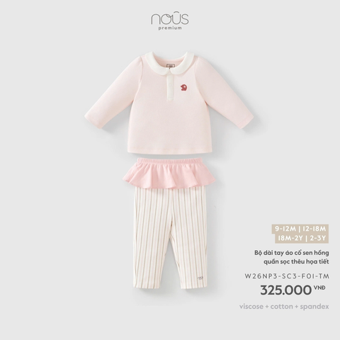 NOUS - Bộ dài tay áo cổ sen hồng quần sọc thêu họa tiết (9M-3Y)