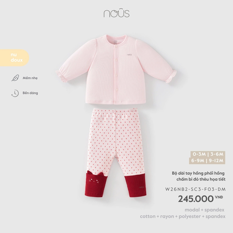NOUS - Bộ dài tay hồng phối hồng chấm bi đỏ thêu họa tiết (0-12M)