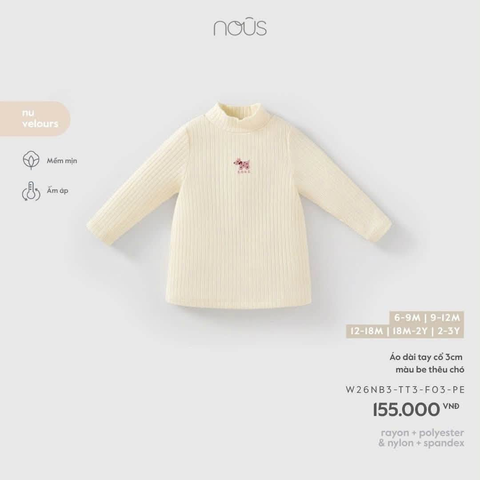 NOUS - Áo dài tay cổ 3cm màu be thêu chó (6-12M)