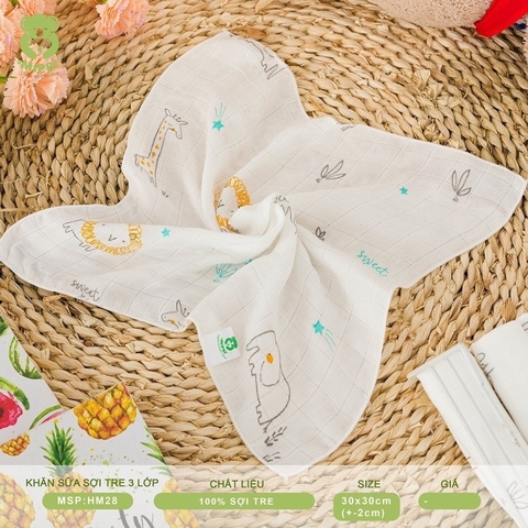 MIPBI - KHĂN SỮA 100% SỢI TRE CAO CẤP 3 LỚP (30X30CM) HM28