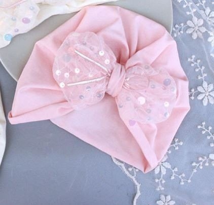 JS Mũ turban mỏng nơ đính cườm