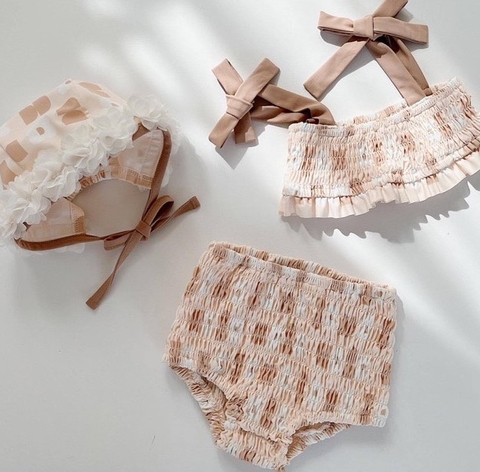 OBB Bộ bơi 2 mảnh+mũ hoa màu nâu be (73-100)