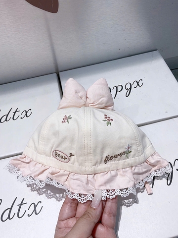 KB - Mũ vành viền ren nơ thêu hoa nấm(6M-2Y)