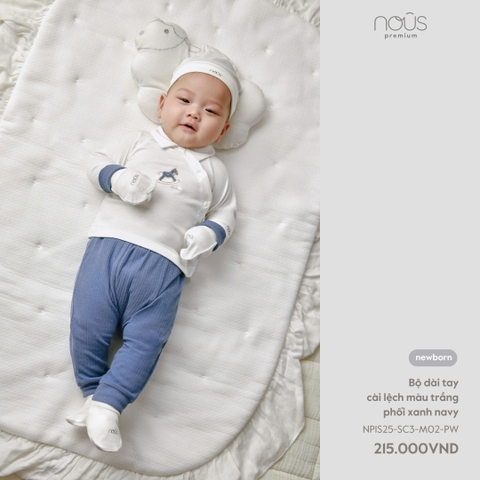 NOUS - Bộ dài tay cài lệch màu trắng phối xanh navy NB