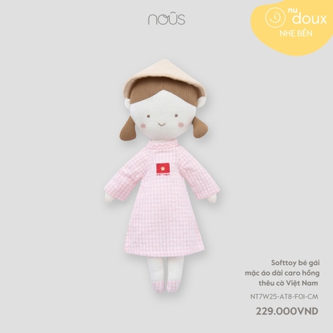 NOUS- Softtoy bé gái mặc áo dài caro hồng thêu cờ Việt Nam