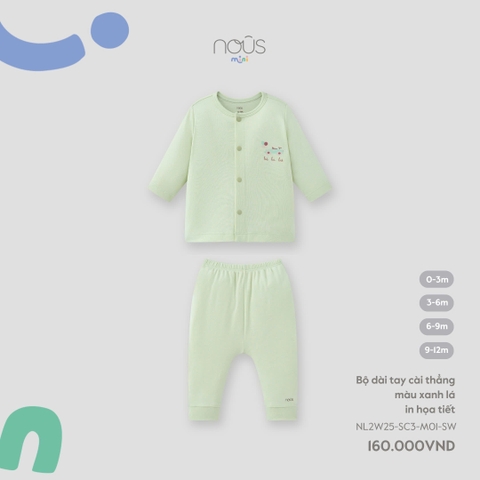 NOUS - Bộ dài tay cài thẳng màu xanh lá in hoạ tiết(0-9M)
