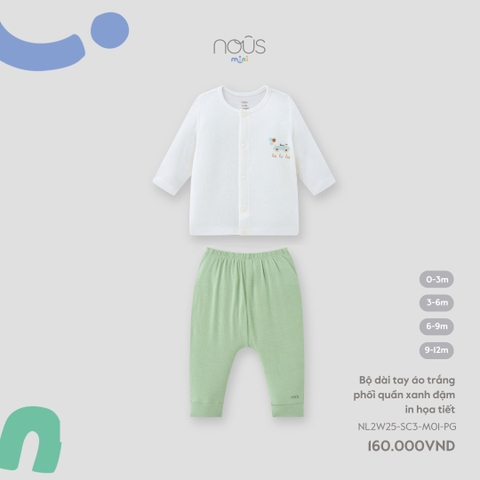 NOUS - Bộ dài tay áo trắng phối quần xanh đậm in hoạ tiết(0-9M)