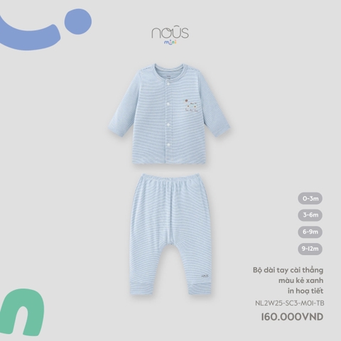 NOUS - Bộ dài tay cài thẳng màu kẻ xanh in hoạ tiết(0-9M)