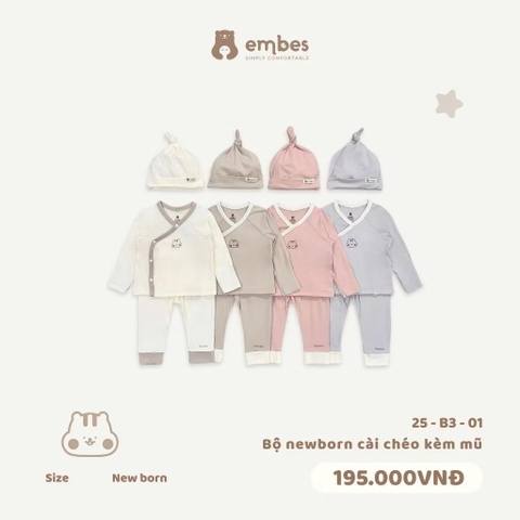 EMBES - Bộ newborn cài chéo kèm mũ phối viền be NB