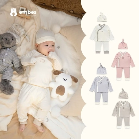 EMBES - Bộ newborn cài chéo kèm mũ phối viền be NB