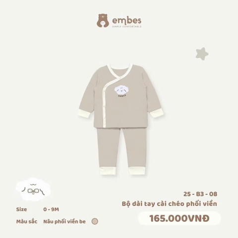 EMBES - Bộ dài tay cài chéo phối viền(0-6M)