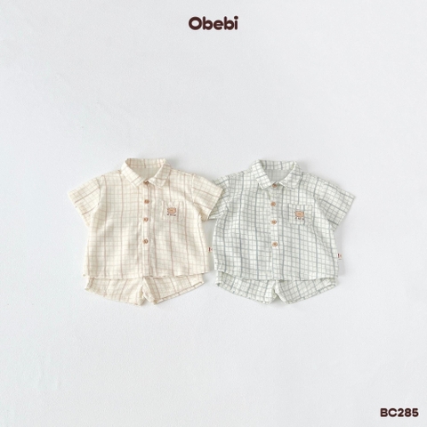OBEi - Bộ sơ mi vải đũi kẻ thêu(73-110)