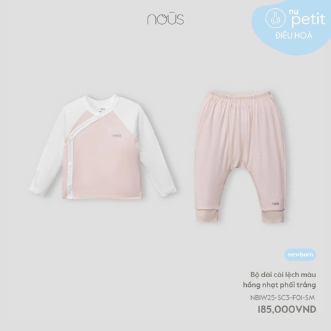 NOUS - Bộ dài cài lệch màu hồng nhạt phối trắng NB