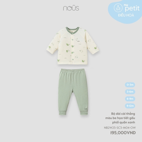 NOUS -  Bộ dài cài thẳng be hoạ tiết gấu phối quần xanh NB