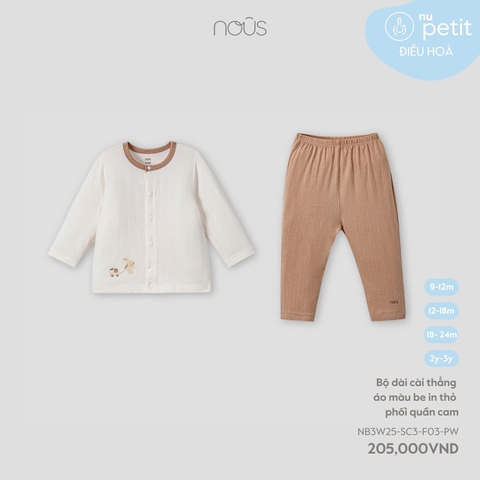 NOUS - Bộ dài cài thẳng áo màu be in thỏ phối quần cam(9M-3Y)