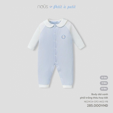 NOUS - Body dài xanh phối trắng thêu hoạ tiết(0-9M)
