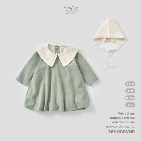 NOUS -  Váy dài tay chấm bi xanh rêu kèm mũ màu be(9M-3Y)