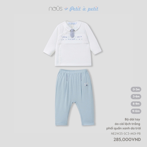NOUS - Bộ dài tay áo cài lệch trắng phối quần xanh da trời(0-12M)