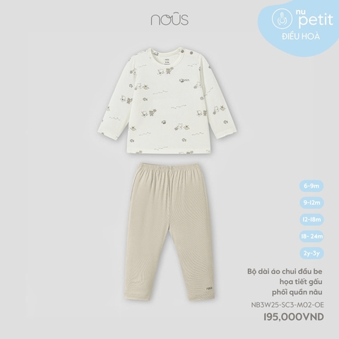 NOUS - Bộ dài áo chui đầu be hoạ tiết gấu phối quần nâu(6-24M)