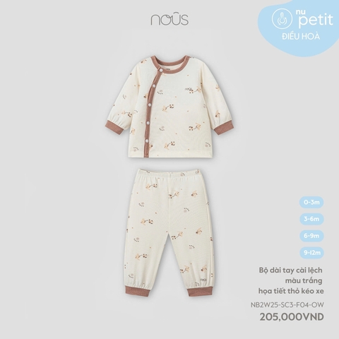 NOUS -  Bộ dài tay cài lệch màu trắng hoạ tiết thỏ kéo xe(3-9M)