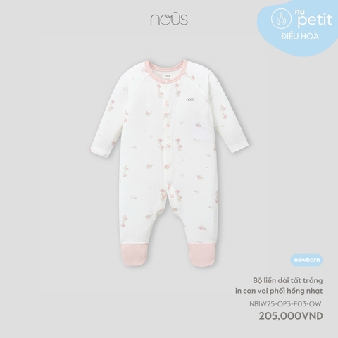 NOUS - Bộ liền dài tất trắng in con voi phối hồng nhạt NB