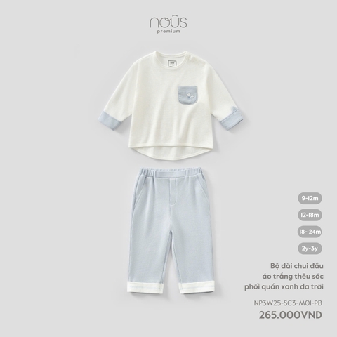 NOUS - Bộ dài chui đầu áo trắng thêu sóc phối quần xanh da trời (12M-3Y)