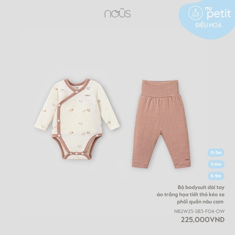 NOUS - Bodysuit dài tay áo trắng hoạ tiết thỏ kéo xe phối quần nâu cam (0-6M)