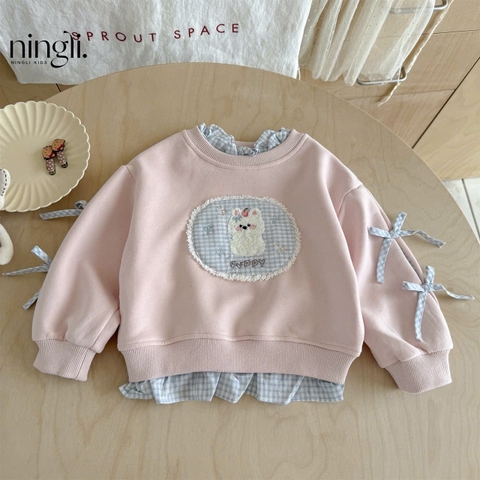 BK - Áo nỉ cổ bèo kẻ xanh mèo Puppy(90-140)