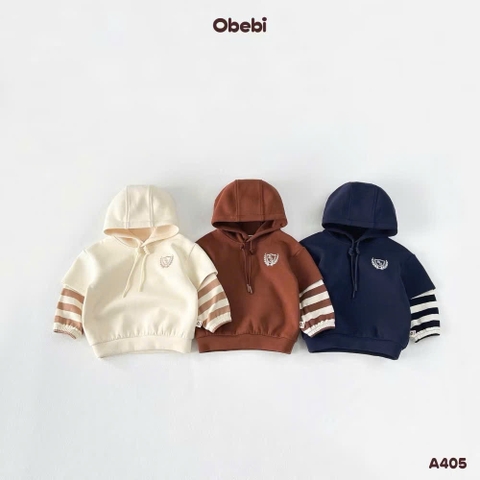 OBBI - Áo nỉ có mũ phối tay kẻ (73-120)