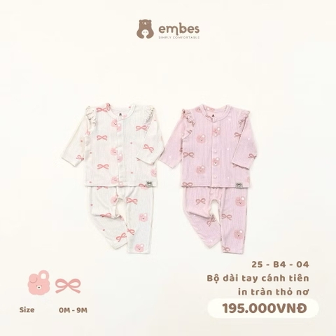 EMBES - Bộ dài tay cánh tiên in tràn thỏ nơ(0-9M)