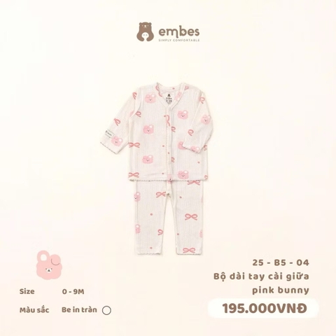 EMBES - Bộ dài tay cài giữa pink bunny(0-6M)