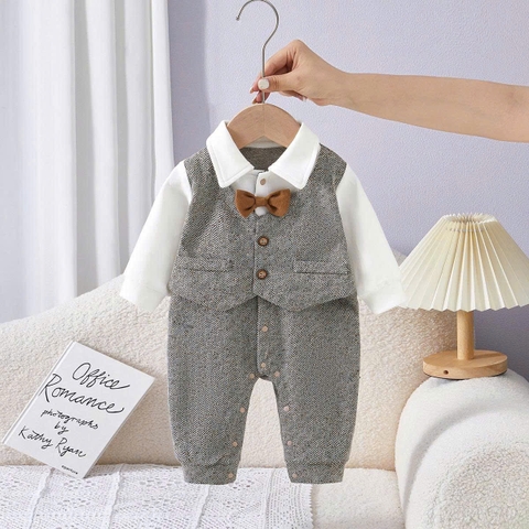 JS - Body công tử gile kẻ nâu xám+nơ(66-80)