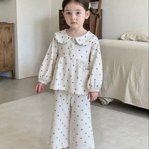 TL - Bộ ngủ lót lông nhung hoạ tiết hoa(90-140)