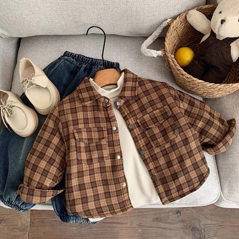 TL - Áo sơ mi kẻ nâu lót lông(80-130)