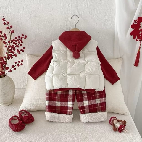 LB - Set 3 chi tiết áo gile quần kẻ đỏ(73-100)