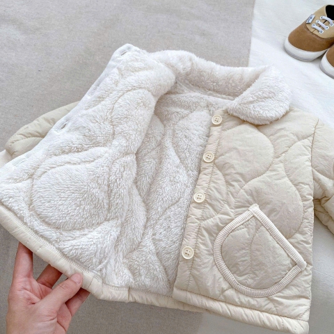 JS - Áo khoác phao kem 2 túi cổ lông trắng(73-80)