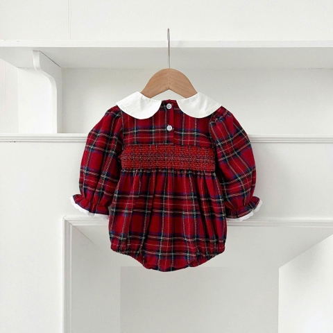 JS - Body đỏ kẻ xanh ngực Smocking cổ sen trắng(66-80)