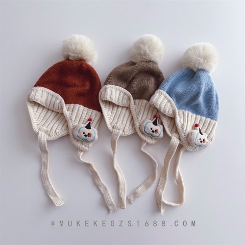 TL - Mũ len quả bông mặt cún buộc dây(8-36M)